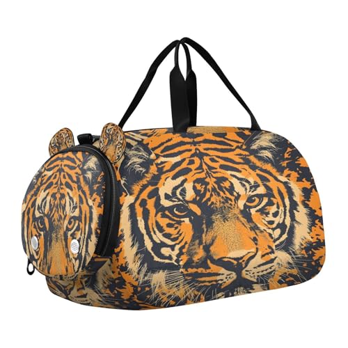 Travel Duffle Bag for Kids Boys Girls Tiger Head Forest Animal Sports Bag Overnighter Duffle Sleepover Weekender with Shoes Compartment