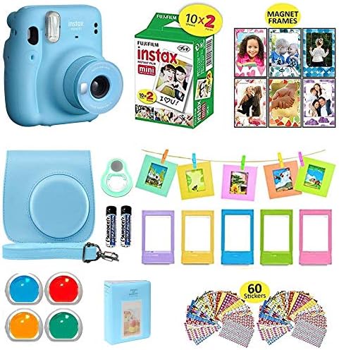 Fujifilm Instax Mini 11 Instant Camera Sky Blue + Shutter Compatible Carrying Case + Fuji Film Value Pack (20 Sheets) + Shutter Accessories Bundle, Color Filters, Photo Album, Assorted Frames