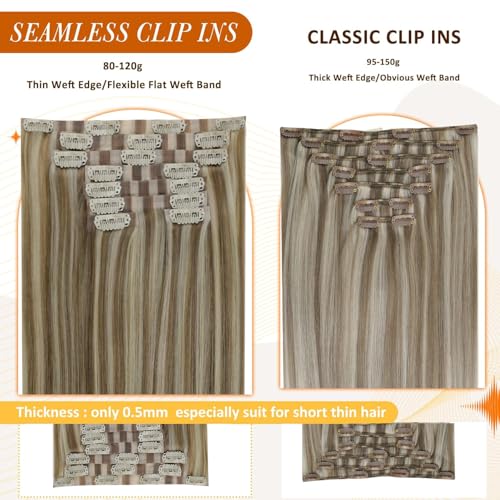 Image of Full Shine Blonde Clip in Hair Extensions, Light Brown Highlight | Human Hair Clip ins, 18 Inch 120g 8 Pcs, Seamless PU Weft, Straight Texture, Added Length and Volume, Natural Blend