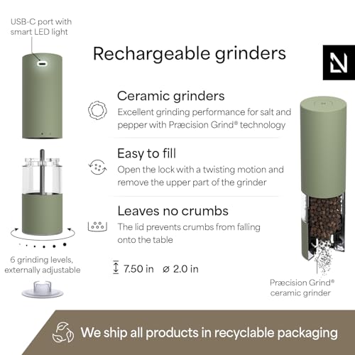 Image of LARS NYSOM Electric Salt and Pepper Grinder Set I Automatic Salt and Pepper Mills with Adjustable Ceramic Grinder I USB Rechargeable Electric Spice Mill Set with LED Light (Sage Green)