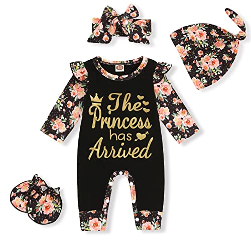 Image of GRNSHTS Newborn Baby Girl Romper Infant Letter Print Bodysuit Jumpsuit+Hat+Headband+Mittens Coming Home Clothes Outfit Newborn Floral