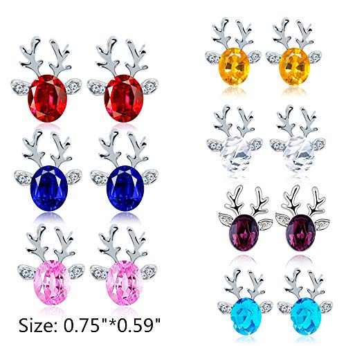 Set Elk Reindeer Antlers Crystal Stud Earrings Christmas for Women Girl Teens Gift Jewelry Cubic Zirconia Rhinestone Luxury Christmas Earring Colorful Xmas Dainty Silver Color-Red2