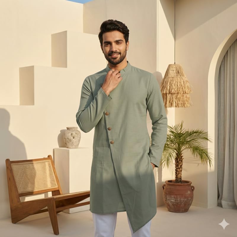 Image of OOMPH! Men's Ethnic Traditional Asymmetric Kurta Polycotton Regular Fit | High Neck Full Sleeves | Traditional Indian Festive Kurta | Stylish Casual and Wedding