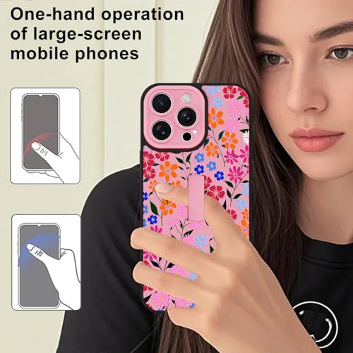 Image of for iPhone 15 Pro Max Case with Finger Strap Holder, Cute Colorful Floral Flower Print Pattern Design for Women Girls, Shockproof Anti Scratch Hand Kickstand Protective Cover, Pink