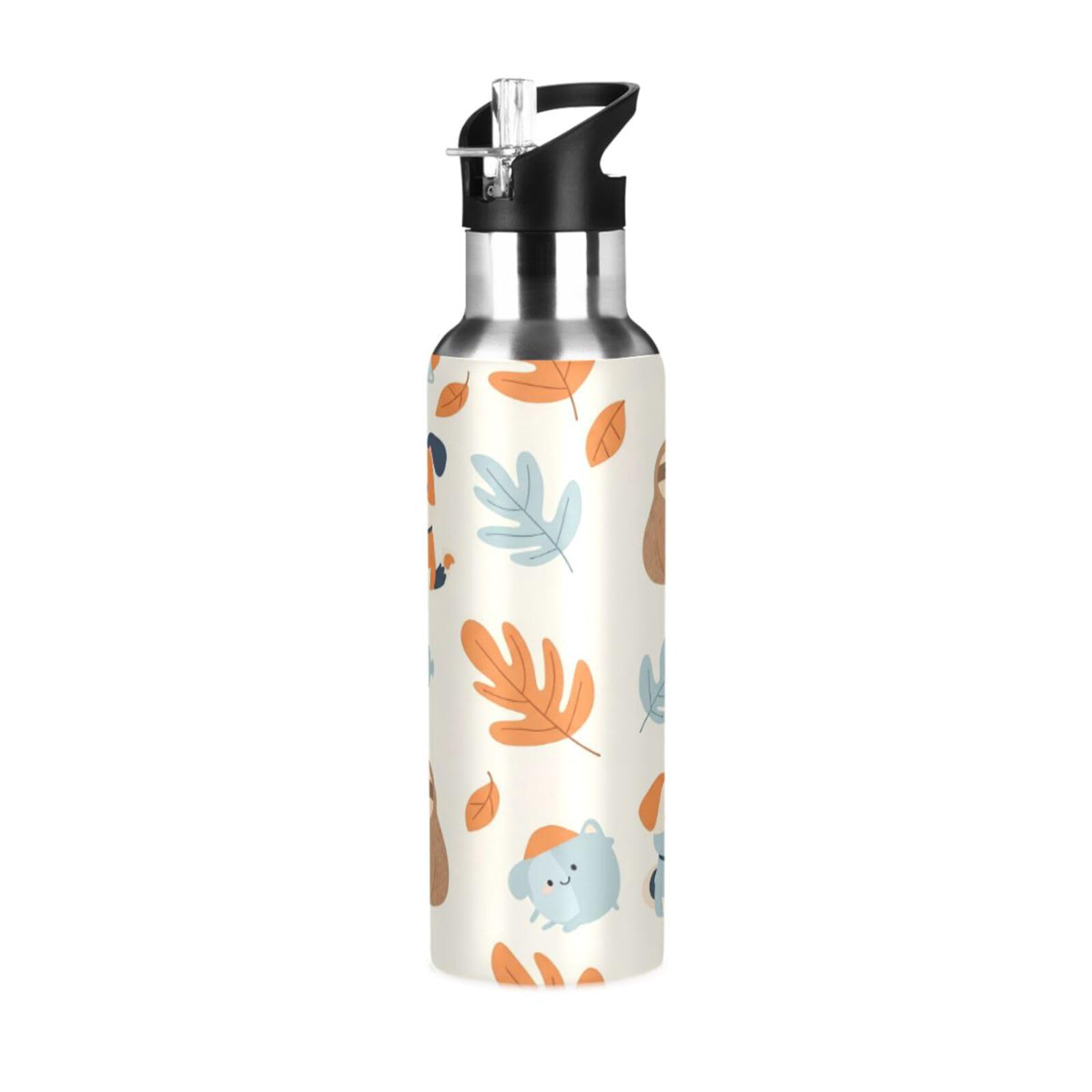 BOESI Animal Friends Insulated Water Bottle 600ml, Stainless Steel Vacuum Sports Bottle with Straw, Leak Proof Thermal Bottle for Gym Travel Outdoor