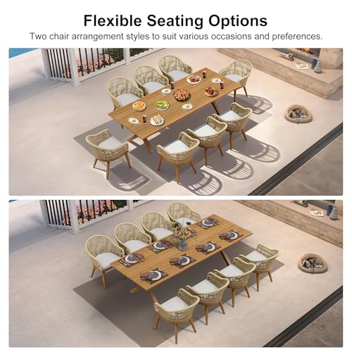 Image of PURPLE LEAF 9 Piece Longer Patio Dining Set with Outdoor Aluminium Dining Table and Woven Chairs Modern Metal Furniture Cushions Sets for Garden Yard Indoor Decor Kitchen Teak