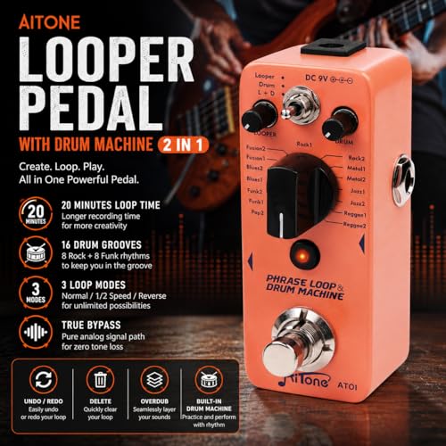 Image of AITONE Looper Pedal with Drum Machine 2 in 1 Loop Pedals for Electric Guitar 20 Minutes Looping 16 Drum Grooves 3 Mode True-Bypass AT-01