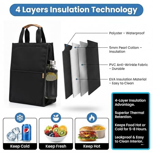 Image of FOSSE Insulated Lunch Bag (10 Litre, Black), Office Tiffin Bags for Men and Women, Hot & Cold Travel Lunch Box for Men, Tiffin Box & Bottles, Lunch Bag for Office, Picnic Bag (Black)