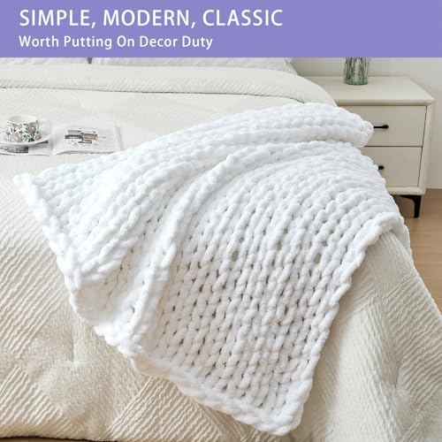 Bigacogo Chunky Knit Throw Blanket for Couch, 40x40 inches, 100% Hand Knitted with Thick Jumbo Chenille Yarn, Cozy Soft Large Rope Knot Cable Crochet Blankets for Sofa Bed Living Room, White
