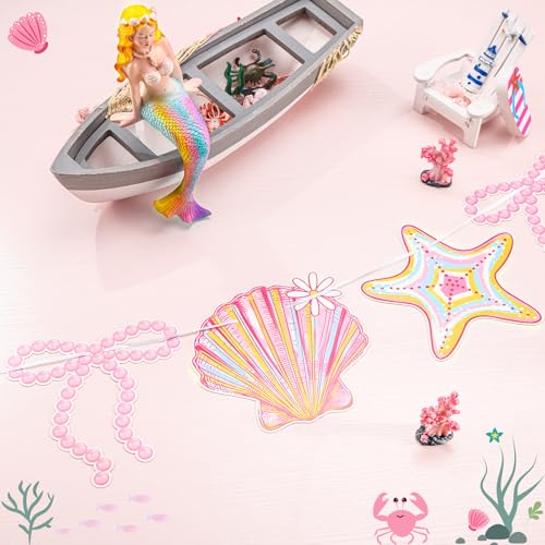 Image of Oudain 2 Pack Pink Bow Seashell Garland for Girl 6.56 ft Pink Mermaid Seashell Party Coquette Ocean Coastal Beach Under The Sea Paper Bow Hanging Banner for Baby Shower Wedding Summer Birthday