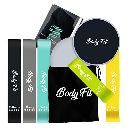 Bodyfit Premium Gliding Discs & Quality resistance Bands Set of 5 & 2 Double-Sided Core Sliders Gliding Discs, BONUS EBOOK, Booty Band Fitness Bands and Sliders Workout