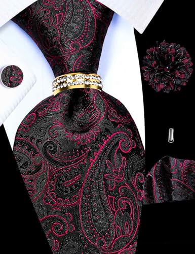 Image of 5PCS Tie and Pocket Square for Men, Silk Necktie and Handkerchief Cufflinks with Gold Ring and Lapel Pin Set