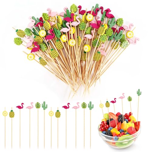 Vasmeiy 100 Pieces Pique Aperitif, 12cm Bâtons Cocktail Bois, Batons de Cocktail Déco, Pic Brochette Bois avec Jolie Décoration, pour Fêtes, Mariages,...
