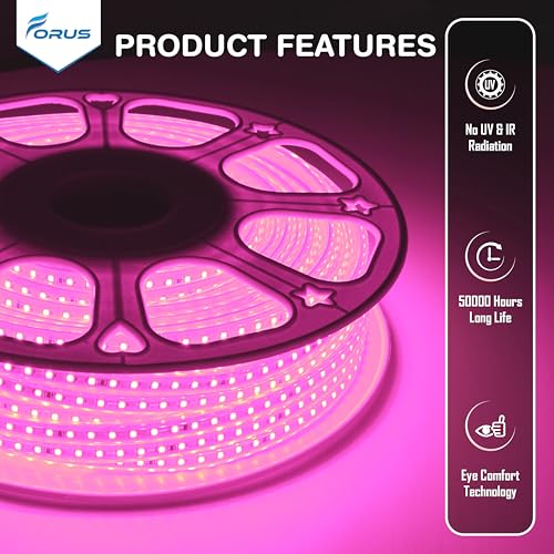 Image of Forus 40 Meter LED Rope Strip Light | Waterproof Outdoor Flexible Decorative Lighting | LED Neon Rope Light for Diwali, Christmas, Balcony, Ceiling & Home Decor, Pink 1Pc with 4 Connectors