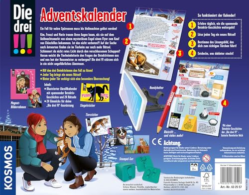 KOSMOS 632557 Die drei !!! Adventskalender, Entdecke in 24 spannenden Rätseln das Geheimnis im Tierheim, mit 24 Detektiv-Gimmicks, Spielzeug-Adventskalender für Kinder ab 8 Jahre