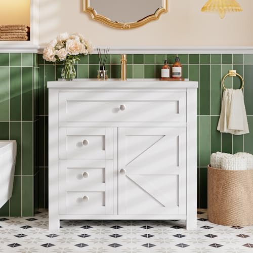 YESHOMY Bathroom Vanity with 30' Sink, Modern Wood Pedestal Bathroom Spacious Storage Space Cabinet with Drawer, White