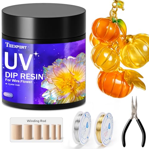 Image of Teexpert UV Resin Dip for Wire Flowers Kit, 100g Crystal Clear UV Dip Resin with Pliers, 2Pcs 31FT Wires for Wire Shapes, Fast Cure Thick Glue for Jewelry Making, Holiday Surprise for DIY Art Crafts