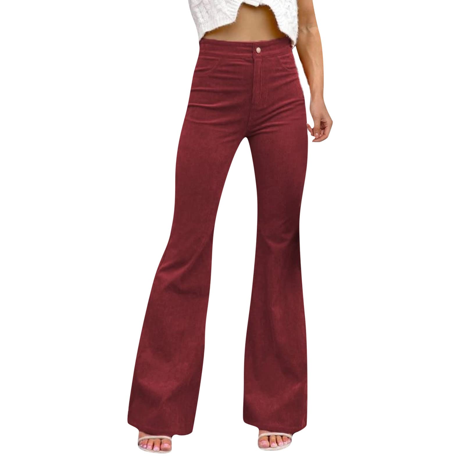 Corduroy Flare Pants for Women High Waisted Bell Bottom Stretchy Casual Pockets Bootcut Office Work Pants Outfits
