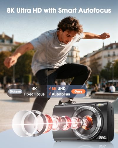 8K Digital Camera for Photography, 88MP WiFi Vlogging Camera for YouTube with Front Rear Lens, Autofocus, 16X Zoom, Compact Travel Cameras with Flash, Touch Screen, 64GB Card, 2 Batteries(Black) - Image 3