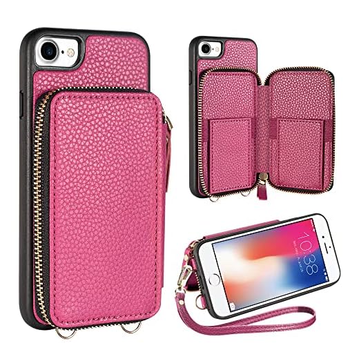 ZVE Wallet Case for iPhone SE 2022 5G iPhone 8, 4.7 inch Zipper Wallet Case for iPhone 7 with Credit Card Holder Slot Wrist Strap Protective Handbag Purse Case for Apple iPhone 8/7/SE - Rose Purple