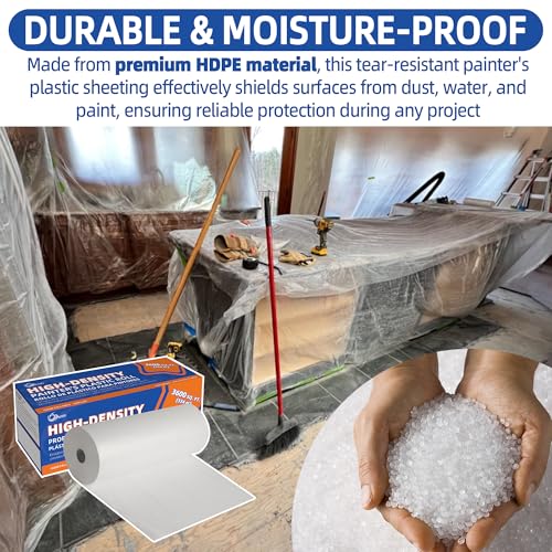Image of High-Density Plastic Sheeting Roll 9 ft x 400 ft, 0.35 Mil Clear Painter's Plastic Drop Cloth for Paint Overspray, Dust & Renovation Protection - Floor, Furniture & Window Cover