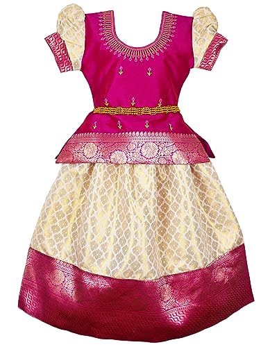 Image of AMIRTHA FASHION New south Indian onam kerala traditional pattu pavadai pattu langa voni Lehenga choli for girls dress (PINK)