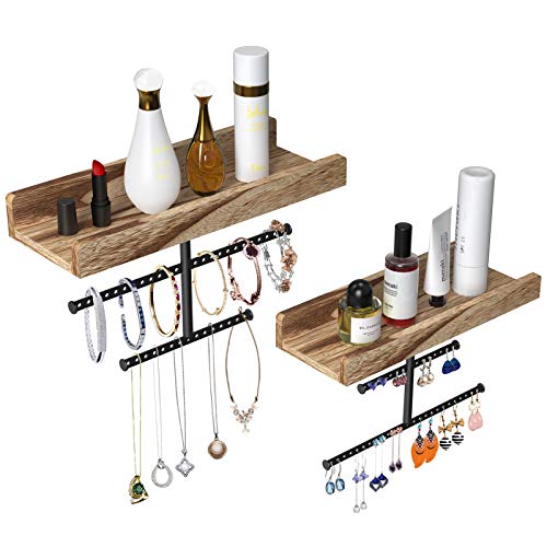 Amada Hanging Jewelry Organizer Wall Mounted Earring Holder Rustic Wood Jewelry Rack with Tray and Metal Bracket for Displaying Earring Ring Necklace Bracelet AMJO-01