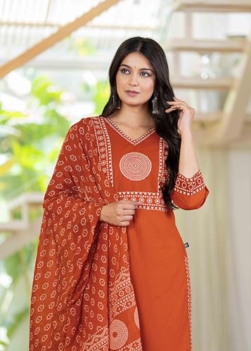 Image of Pistaa's Women's Ethnic Motifs Printed Regular Pure Cotton Kurta with Trousers With Dupatta Set