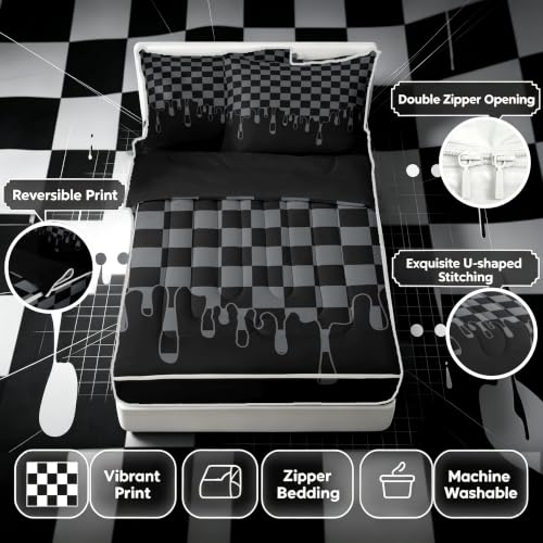 Image of Black Grey Checkered Zipper Bedding Set Full,Checkerboard Drip Bed-in-a-Bag Set Zip-Up Comforter with Fitted Sheet & Pillowcases,Cool Aesthetic Funky Modern Geometric for Kids & Teens Pet Friendly