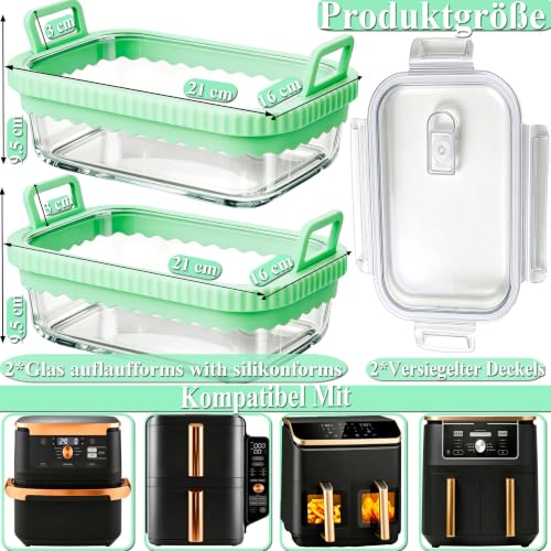 Glas Auflaufform Airfryer mit Silikongriffen 2 Stück mit Deckeln für Ninja AF400EU/DZ400EU/AF500EU für COSORI Heißluftfritteuse 2 Kammern… – Ansicht 3