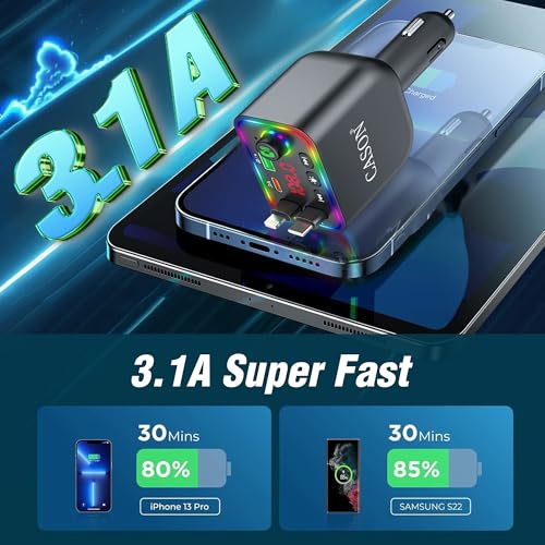 Image of Cason Car Charger 120W Type-C Fast Charging with Bluetooth FM Transmitter- 4-in-1 Retractable Car Mobile Charger Cable with 2 USB Port, with LED Display for iPhone, Android Smartphone (Retractable)