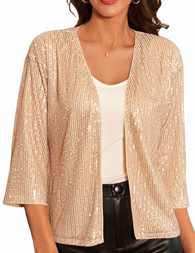 Gilet Femme Courtes Cardigan Femme Bouton Manches Courtes Cardigan Veste à Sequinsée SoftAbricot Sequins XL