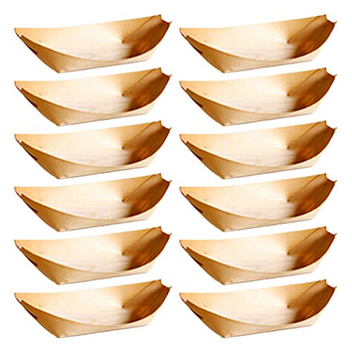 HEMOTON 50PCS Wooden Sushi Serving Tray Boat Plate Japanese Sashimi Serving Plate Tray Platter Snack Dish Fast Food Boat Basket Tealight Holder for Home Restaurant (6X4X2cm)