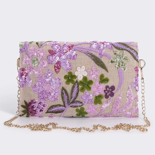 Image of Clutch Purses for Women, Envelope Package, Sequin Embroidered Flowers Straw Bag, Bohemian Handmade Handbags