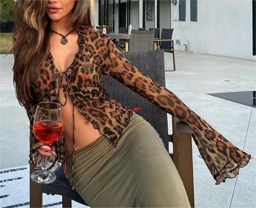 OCUH Sexy Lace Blouse Women Long Bell Sleeve Button Up Deep V Neck Tops Mesh Sheer Ladies Tops Coquette Clothes3