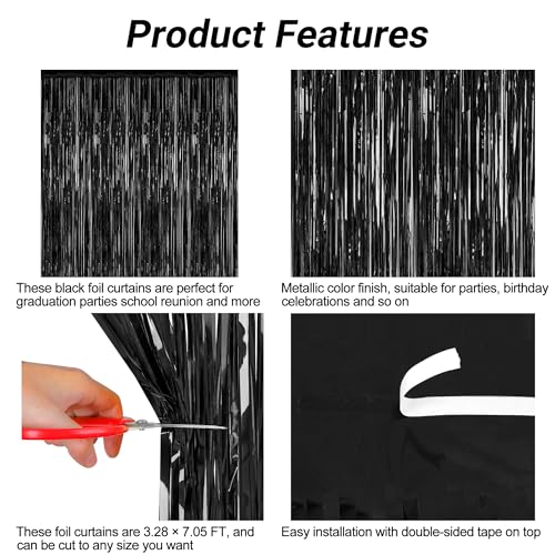 Image of ZATAYE 2 Pack Black Foil Curtain Backdrop Birthday Party Decorations | Black, Metallic Foil, 3.28 x 7.05 FT, Tinsel Backdrop, Foil Curtain Streamer, Halloween New Years Eve Party