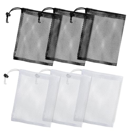 Oruola 6pcs Small Mesh Laundry Bags with Cord Lock - Drawstring Bags (3 Black, 3 White), for Golf Stuff, Little Toys, Candy - 20 X 15 Cm