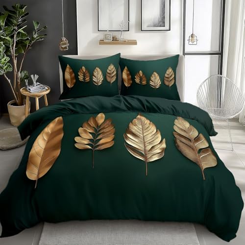 Dark Green Bedding Sets Metallic Leaves Gold Print Duvet Cover Set, Comforter Cover Full Size Soft Breathable Reversible 3-Piece Bedding for Kids Teens