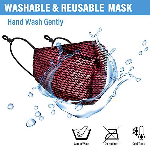 Women’s Lady’s Sequin Multi Color Fashion Bling Face Nose Mask With Adjustable Ear Loops Washable Reusable Breathable (Red)