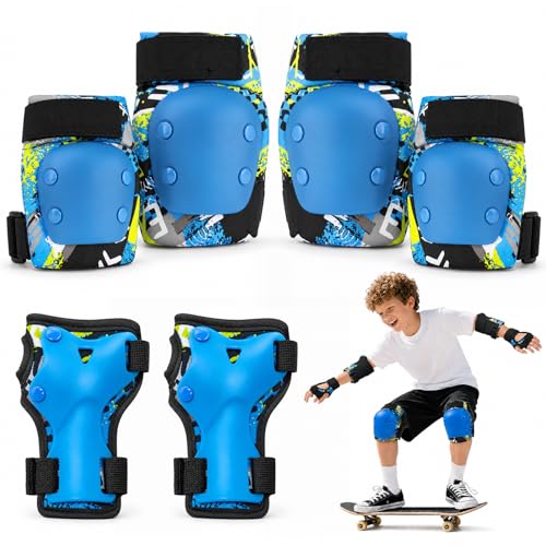 Lafefe Kids Protective Gear Set 6 in 1 Knee Pads Elbow Pads Wrist Guards with PP Shell & EVA Cushion Adjustable Skating Pads S Size for Roller Skating Skateboard Cycling (Blue)
