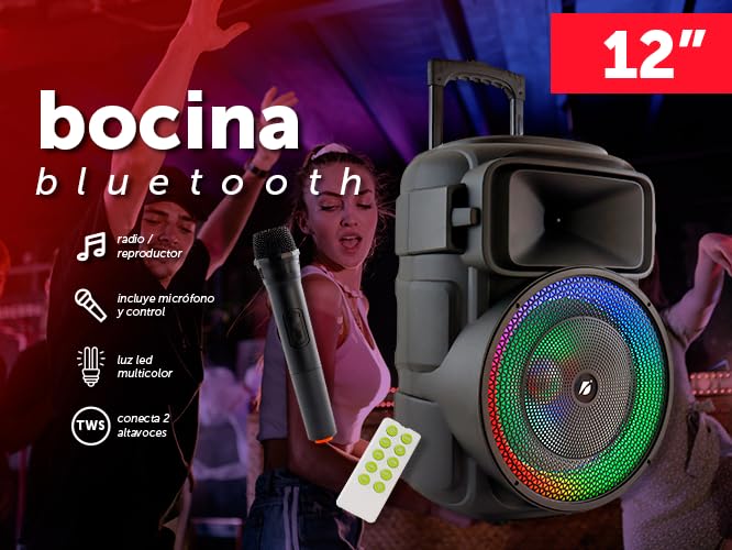 Altavoz Portátil Bluetooth 12" Negro: Sonido Potente y Luces RGB para Tus Momentos Especiales