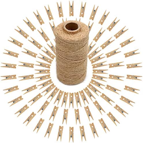 100 Pcs Mini Natural Wooden Clothespins and 328 Feet Jute Twine,Baby Clothes Pins,3.5cm Craft Photo Clips for Home School Arts Crafts Decor
