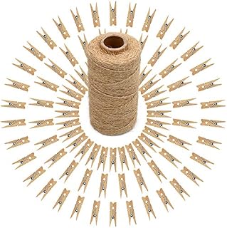 100 Pcs Mini Natural Wooden Clothespins and 328 Feet Jute Twine,Baby Clothes Pins,3.5cm