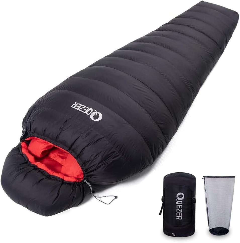 QEZER Sac de Couchage en Duvet pour Adultes, Sac de Couchage d'hiver -18 degrés C, Sac de Couchage en Duvet Plus Chaud pour Le Camping et la randonnée Outdoor