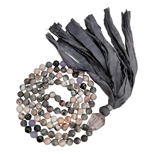 108 Mala Bead Necklace - 8mm Pink Zebra Jasper Labradorite Lavender Jade Stones - Amethyst Guru Bead - Sari Silk Tassel - Meditation, Mindfulness, Yoga - Mala to Reduce Stress and Anxiety