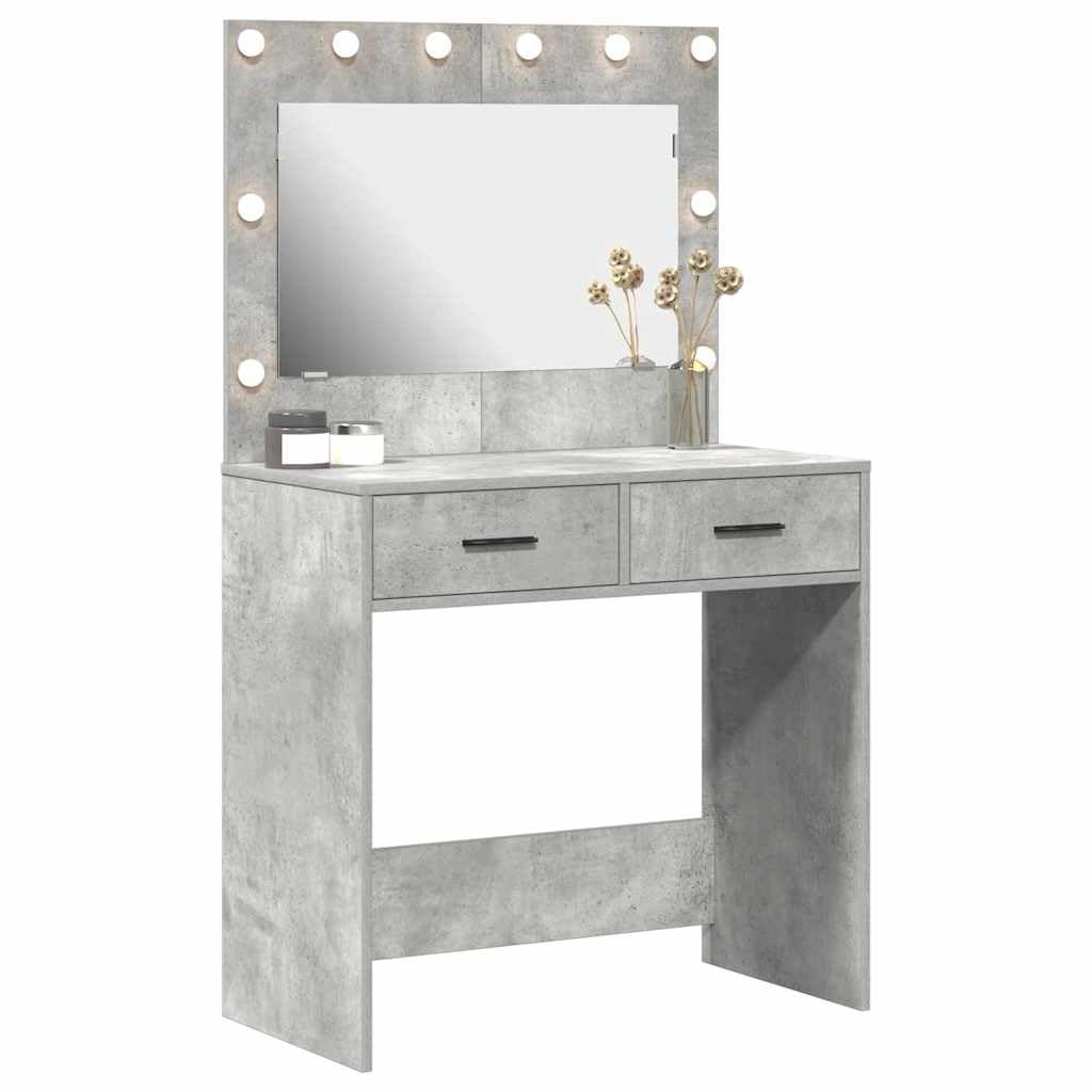Tocador de hormigón gris de madera 78,5 x 41 x 135 cm con espejo plano LED y cajones para dormitorio, salón de belleza y peluquería