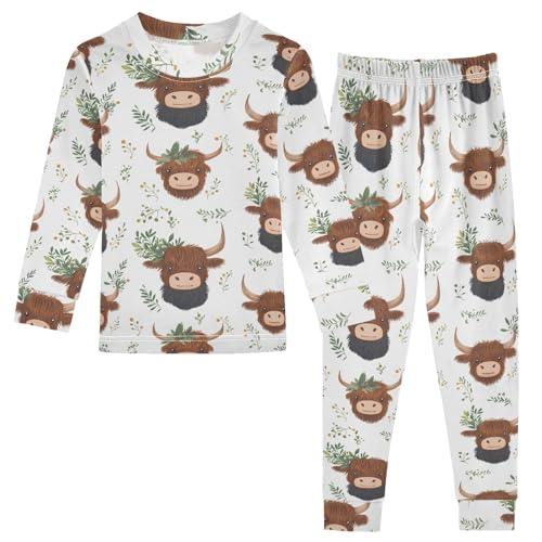 Cartoon Cute Highland Cute Pajama Sets Long Sleeve Top and Pants, Snug Fit Sleepwear for Night Wears