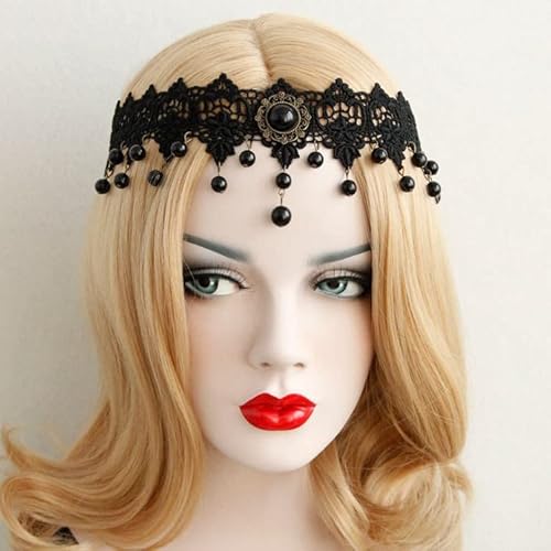 Catery Gothic Forehead Chain Halloween Lolita Black Pearl Lace Hair Bands Gothic Vampire Headdress Cosplay Ball Retro Handmade Gothic Headpiece For Women And Girls thumb #3