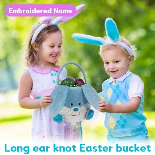 Image of Easter Bunny Baskets for Kids,With foldable ears,Cute egg hunting bag bucket,Easter gifts for boys and girls (Blue)