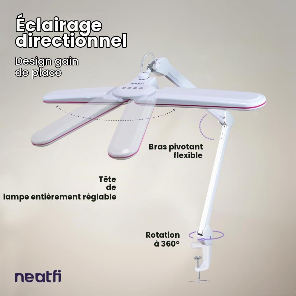Neatfi Elite HD XL Lampe de Bureau LED | 3 Modes d’Éclairage | Variation Continue de l’Intensité | Bureau à Domicile, Dessin, Institut de Beauté et Établi (Anneau Rose, CCT avec Pince 45 CM)